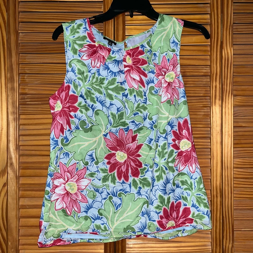 Talbots Pleated Neckline Sleeveless Floral Lined Blouse Size 10